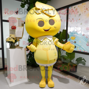 Lemon Yellow Love Letter mascot costume character dressed with a Rash Guard and Hair clips