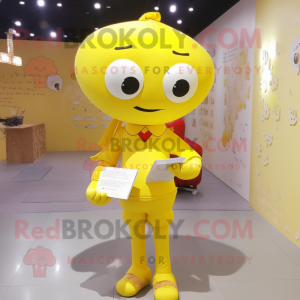 Lemon Yellow Love Letter mascot costume character dressed with a Rash Guard and Hair clips