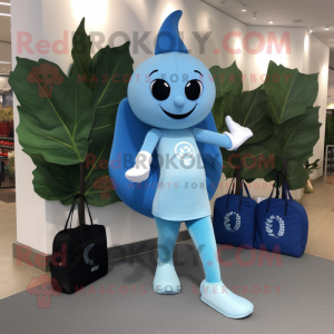 Sky Blue Spinach mascot costume character dressed with a Yoga Pants and Tote bags