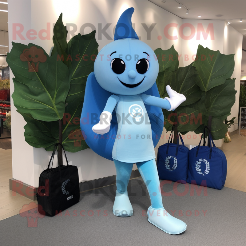 Sky Blue Spinach mascot costume character dressed with a Yoga Pants and Tote bags