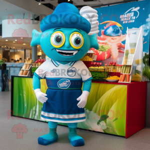 Cyan Fish Tacos mascot costume character dressed with a Rugby Shirt and Beanies