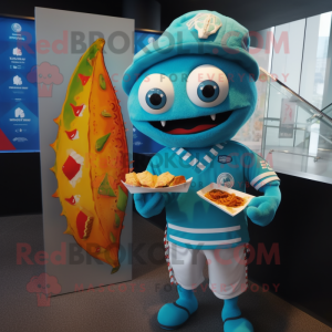 Cyan Fish Tacos mascot costume character dressed with a Rugby Shirt and Beanies