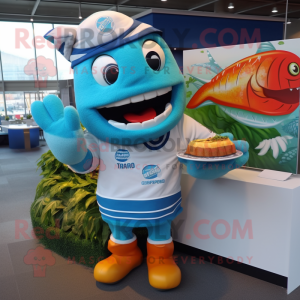 Cyan Fish Tacos mascot costume character dressed with a Rugby Shirt and Beanies