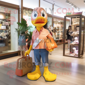 Peach Duck mascot costume character dressed with a Skinny Jeans and Handbags