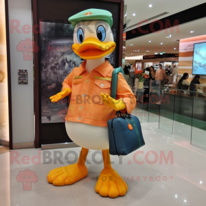 Peach Duck mascot costume character dressed with a Skinny Jeans and Handbags