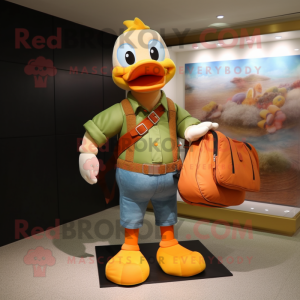 Peach Duck mascot costume character dressed with a Skinny Jeans and Handbags
