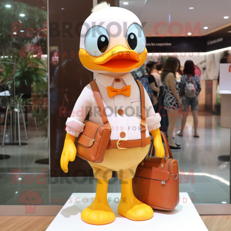 Peach Duck mascot costume character dressed with a Skinny Jeans and Handbags