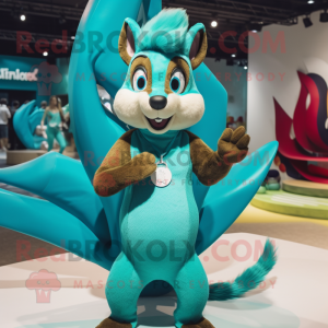 Turquoise Squirrel mascot costume character dressed with a Swimwear and Rings