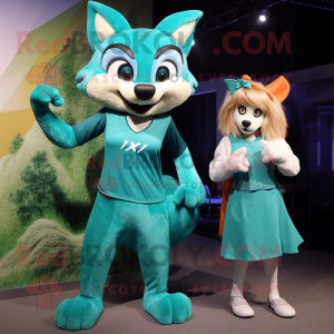 Teal Fox mascot costume character dressed with a Maxi Skirt and Watches