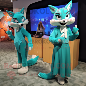 Teal Fox mascot costume character dressed with a Maxi Skirt and Watches