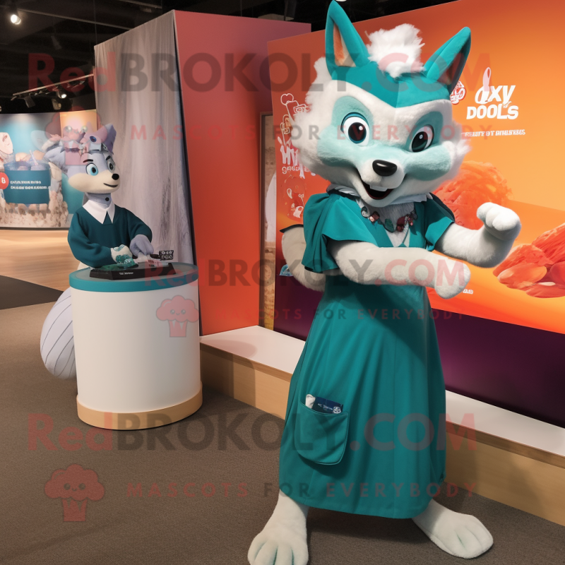 Teal Fox mascot costume character dressed with a Maxi Skirt and Watches Teal Fox mascot costume character dressed with a Maxi Skirt and Watches