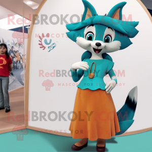 Teal Fox mascot costume character dressed with a Maxi Skirt and Watches