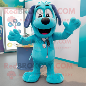 Turquoise Dog mascot costume character dressed with a Suit and Hair clips