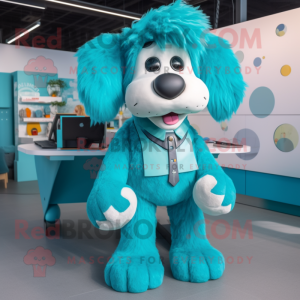 Turquoise Dog mascot costume character dressed with a Suit and Hair clips