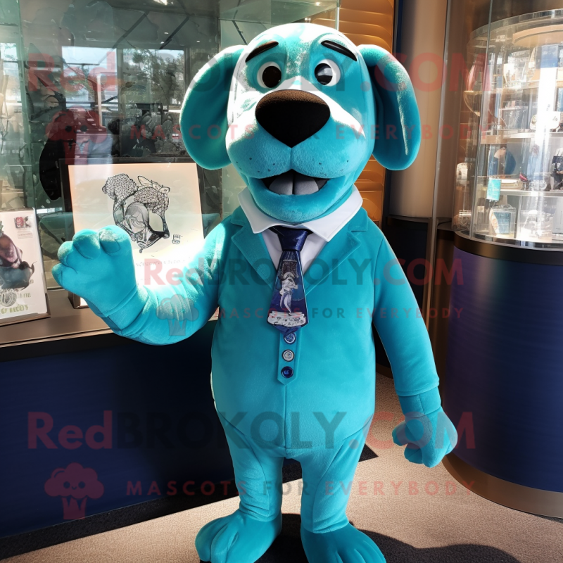 Turquoise Dog mascot costume character dressed with a Suit and Hair clips