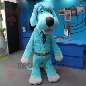 Turquoise Dog mascot costume character dressed with a Suit and Hair clips