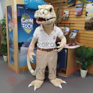 Cream Komodo Dragon mascot costume character dressed with a Bermuda Shorts and Tie pins