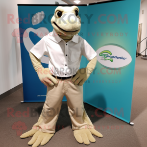 Cream Komodo Dragon mascot costume character dressed with a Bermuda Shorts and Tie pins