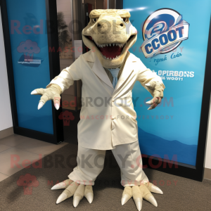 Cream Komodo Dragon mascot costume character dressed with a Bermuda Shorts and Tie pins