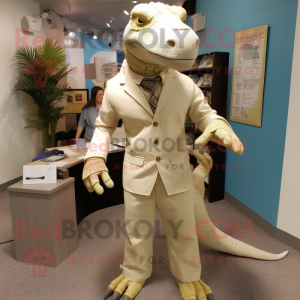 Cream Komodo Dragon mascot costume character dressed with a Bermuda Shorts and Tie pins