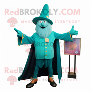 Turquoise Wizard mascot costume character dressed with a Bomber Jacket and Tie pins