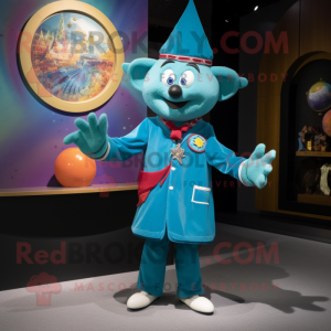 Turquoise Wizard mascot costume character dressed with a Bomber Jacket and Tie pins