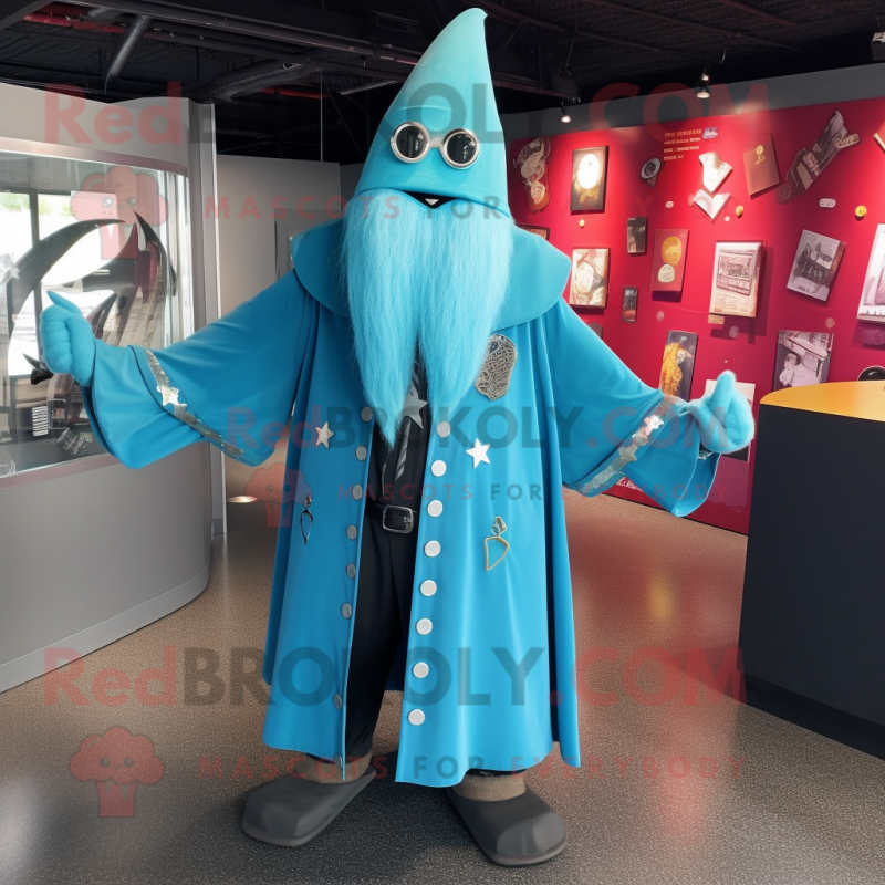 Turquoise Wizard mascot costume character dressed with a Bomber Jacket and Tie pins