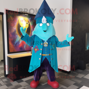 Turquoise Wizard mascot costume character dressed with a Bomber Jacket and Tie pins