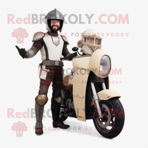 Beige Medieval Knight mascot costume character dressed with a Biker Jacket and Earrings