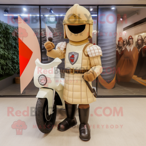 Beige Medieval Knight mascot costume character dressed with a Biker Jacket and Earrings