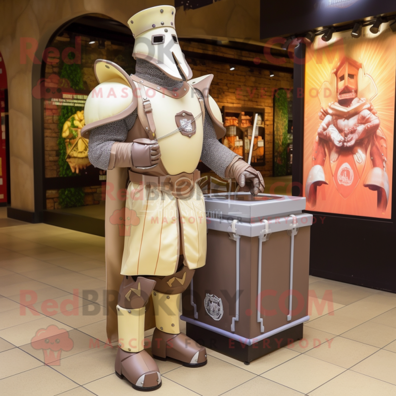 Beige Medieval Knight mascot costume character dressed with a Biker Jacket and Earrings