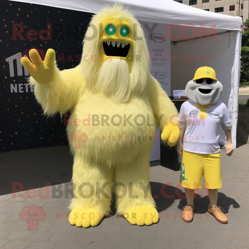 Lemon Yellow Yeti mascot costume character dressed with a Henley Tee and Ties Lemon Yellow Yeti mascot costume character dressed with a Henley Tee and Ties