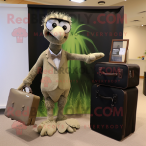 Olive Ostrich mascot costume character dressed with a Dress and Briefcases