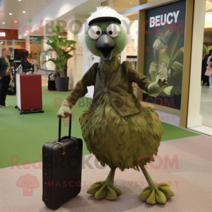 Olive Ostrich mascot costume character dressed with a Dress and Briefcases
