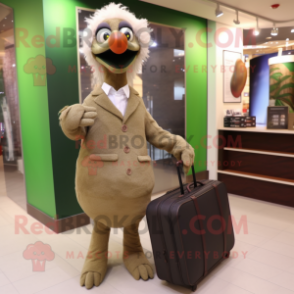 Olive Ostrich mascot costume character dressed with a Dress and Briefcases