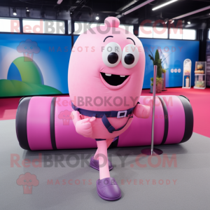 Pink Human Cannon Ball mascot costume character dressed with a Skinny Jeans and Briefcases