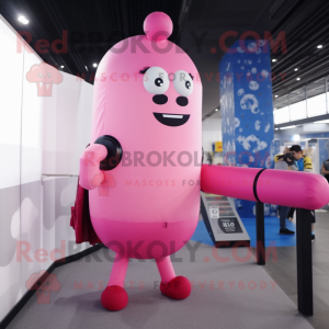 Pink Human Cannon Ball mascot costume character dressed with a Skinny Jeans and Briefcases