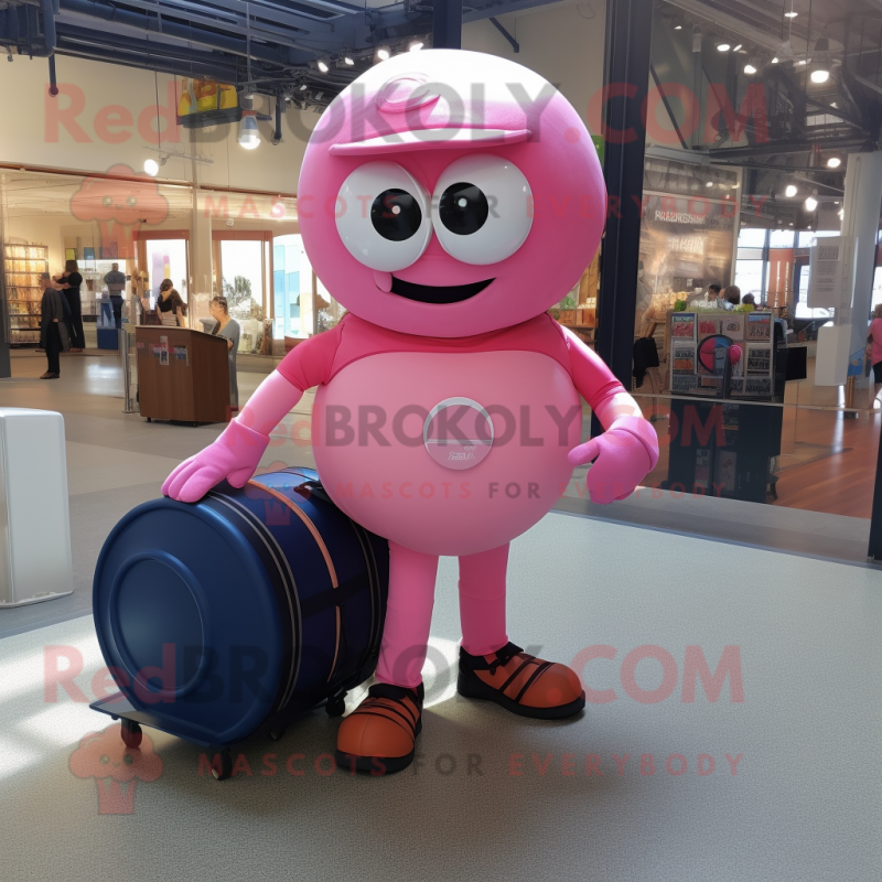 Pink Human Cannon Ball mascot costume character dressed with a Skinny Jeans and Briefcases