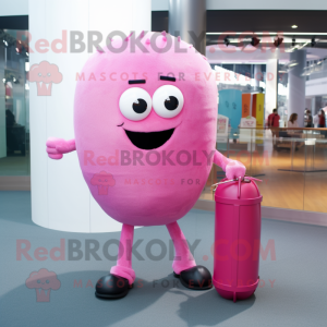 Pink Human Cannon Ball mascot costume character dressed with a Skinny Jeans and Briefcases