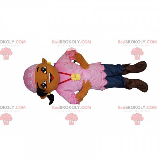 Menina mascote em estilo boêmio, com uma faixa rosa na cabeça -