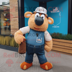 Rust Suffolk Sheep mascot costume character dressed with a Jeans and Beanies