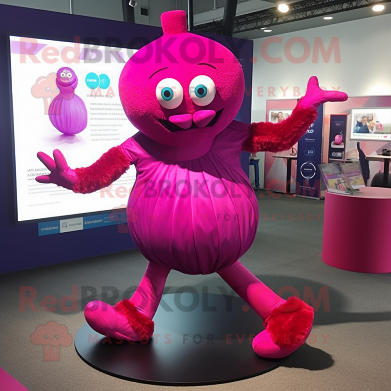 Magenta Contortionist mascot costume character dressed with a Dress and Foot pads Magenta Contortionist mascot costume character dressed with a Dress and Foot pads