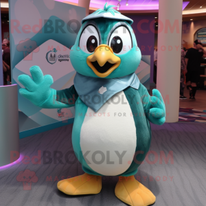 Teal Penguin mascot costume character dressed with a Romper and Rings