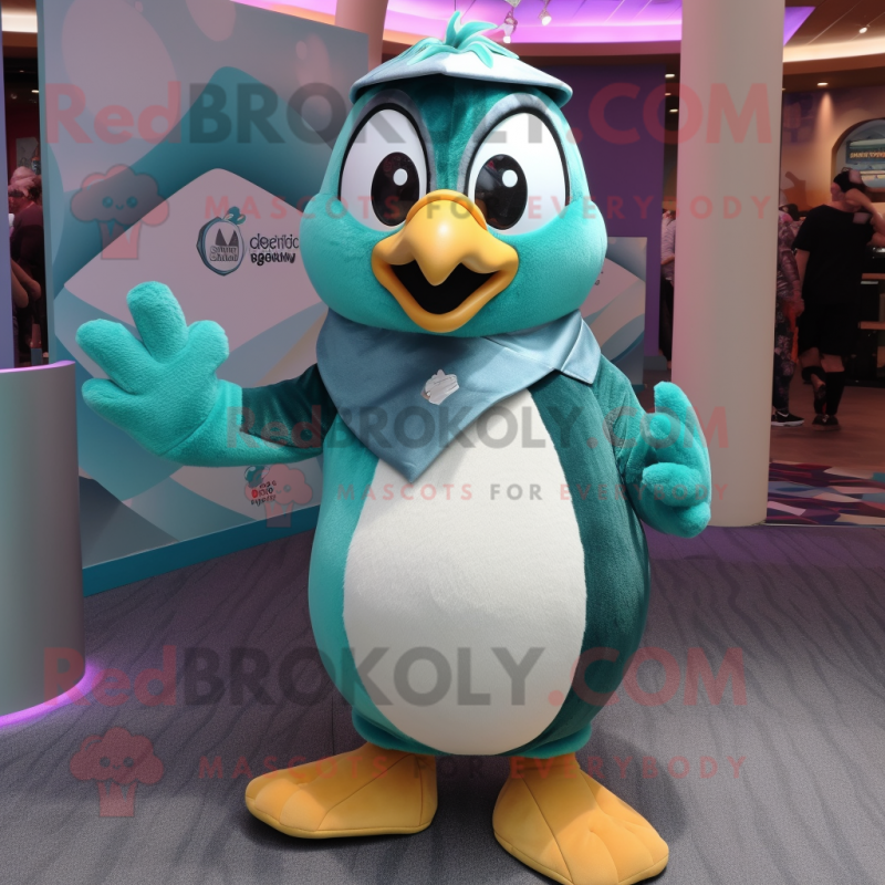 Personaje de disfraz de mascota de ping ino verde azulado vestido