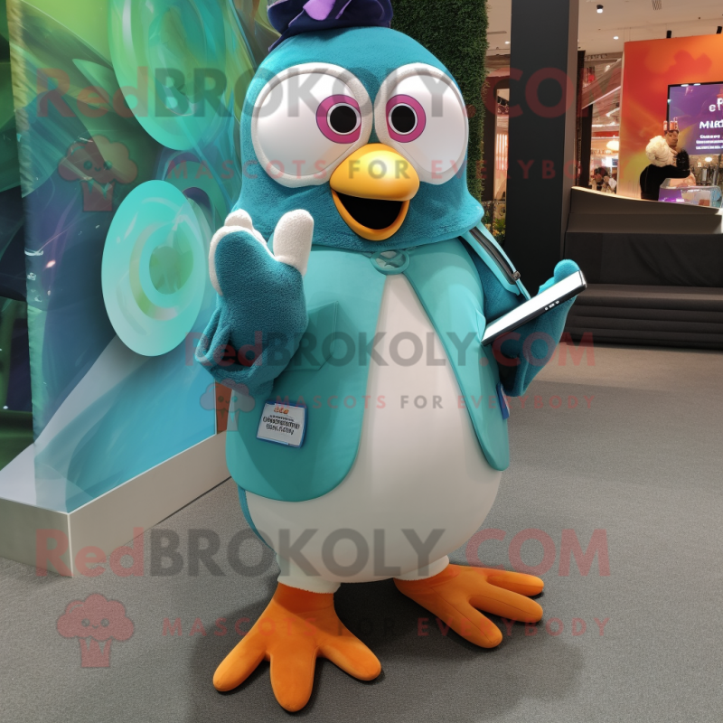 Teal Penguin mascot costume character dressed with a Romper and Rings