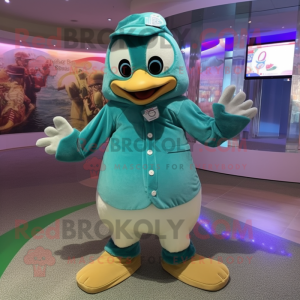Teal Penguin mascot costume character dressed with a Romper and Rings