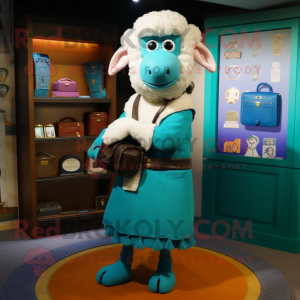 Cyan Merino Sheep mascot costume character dressed with a Empire Waist Dress and Wallets