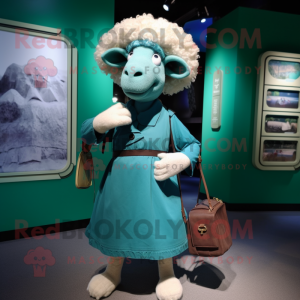 Cyan Merino Sheep mascot costume character dressed with a Empire Waist Dress and Wallets