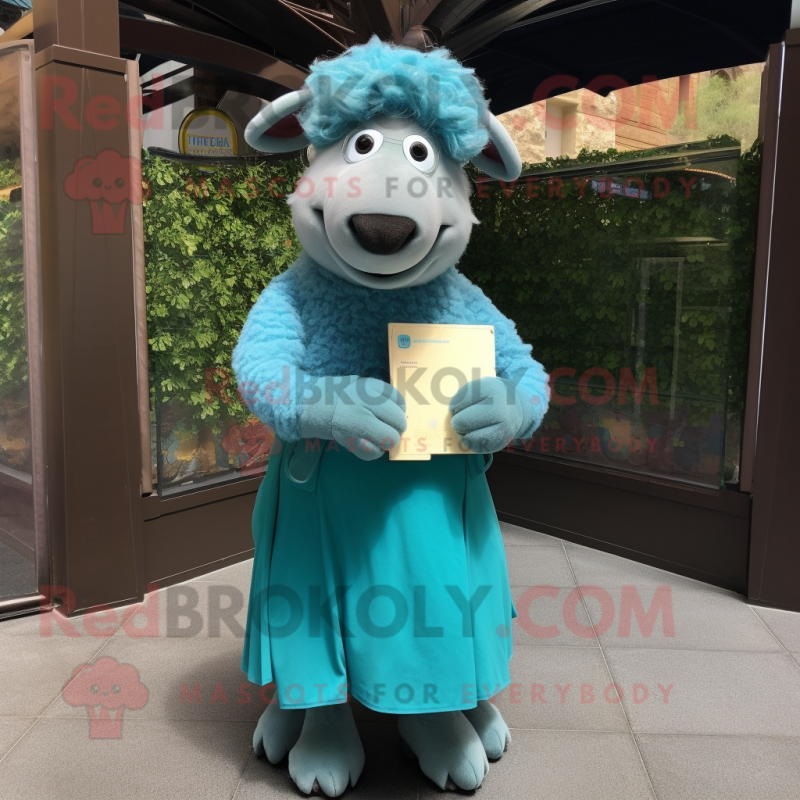 Cyan Merino Sheep mascot costume character dressed with a Empire Waist Dress and Wallets