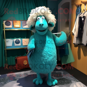 Cyan Merino Sheep mascot costume character dressed with a Empire Waist Dress and Wallets